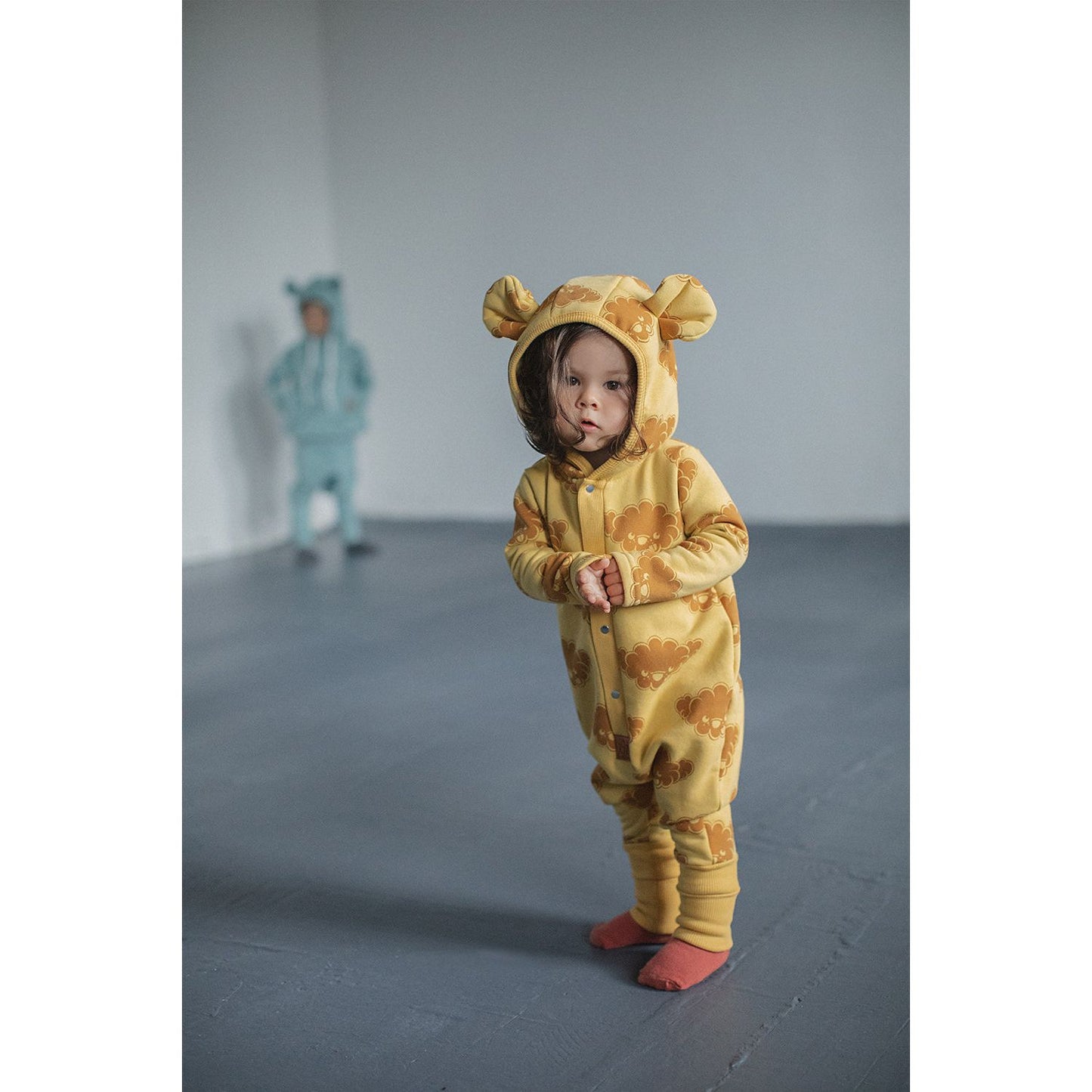 Eared Jumpsuit for Babies and Kids - Yellow with Clouds