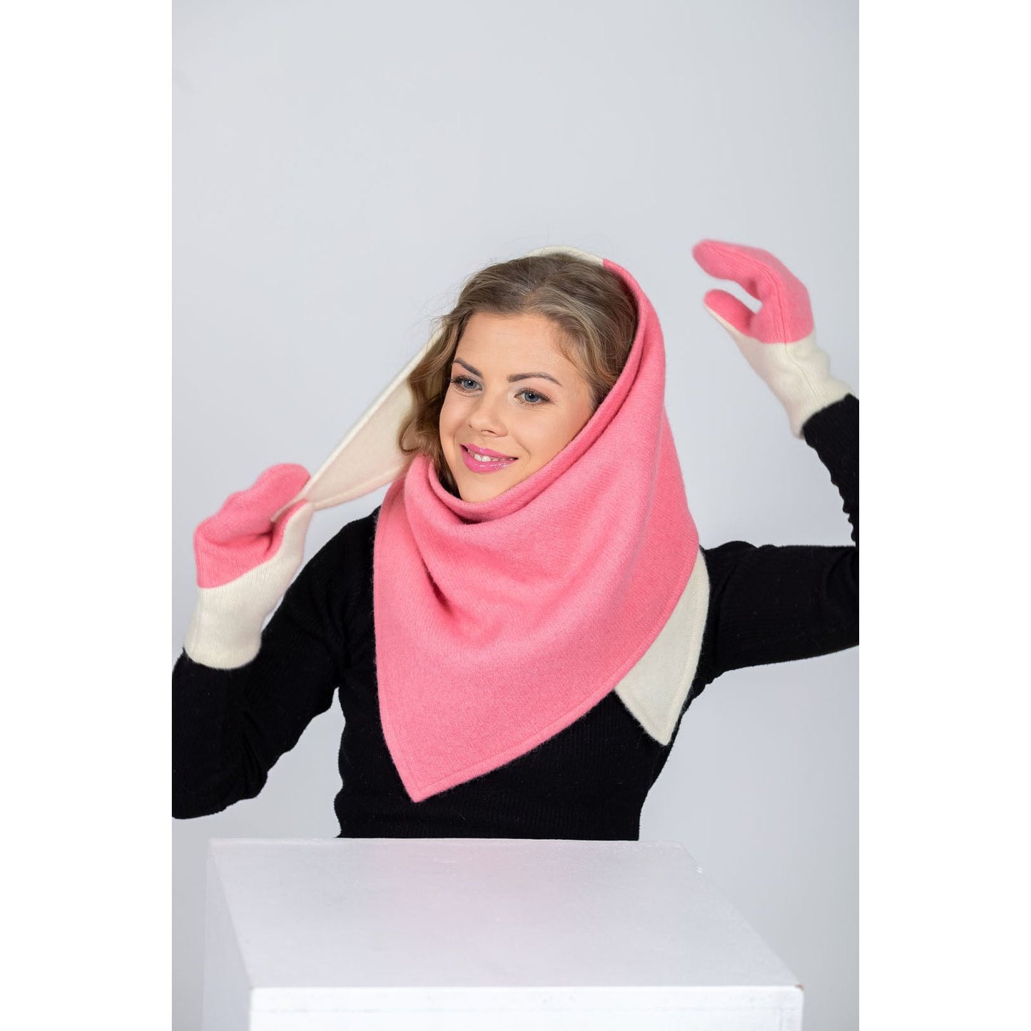 Versatile Handmade Wool Triangle Shawl - Pink, White