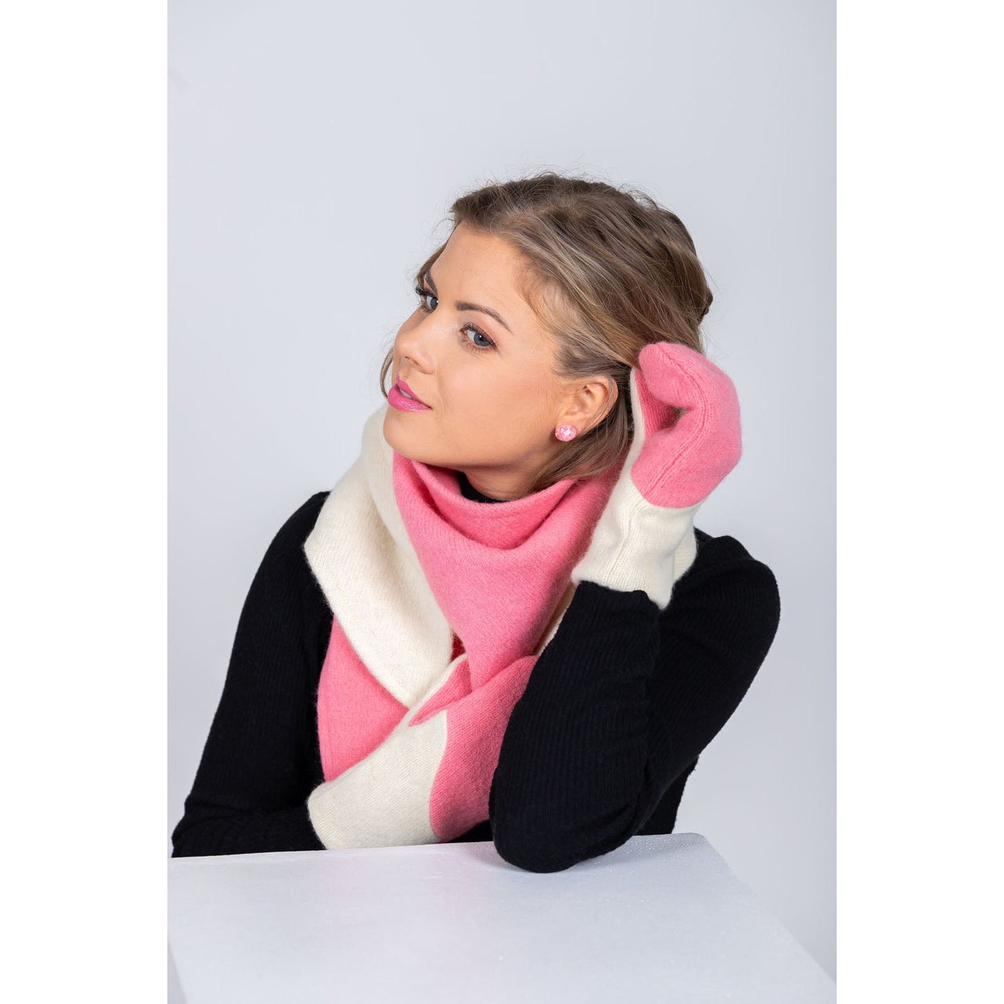 Versatile Handmade Wool Triangle Shawl - Pink, White