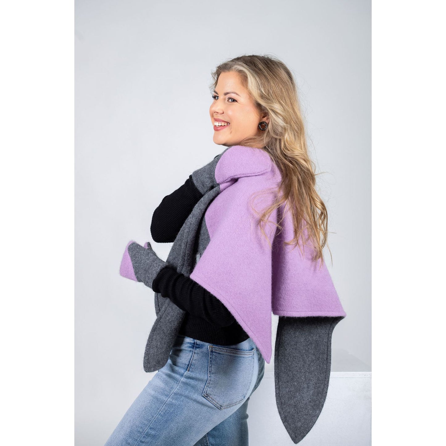 Versatile Handmade Wool Triangle Shawl - Lilac, Medium Grey