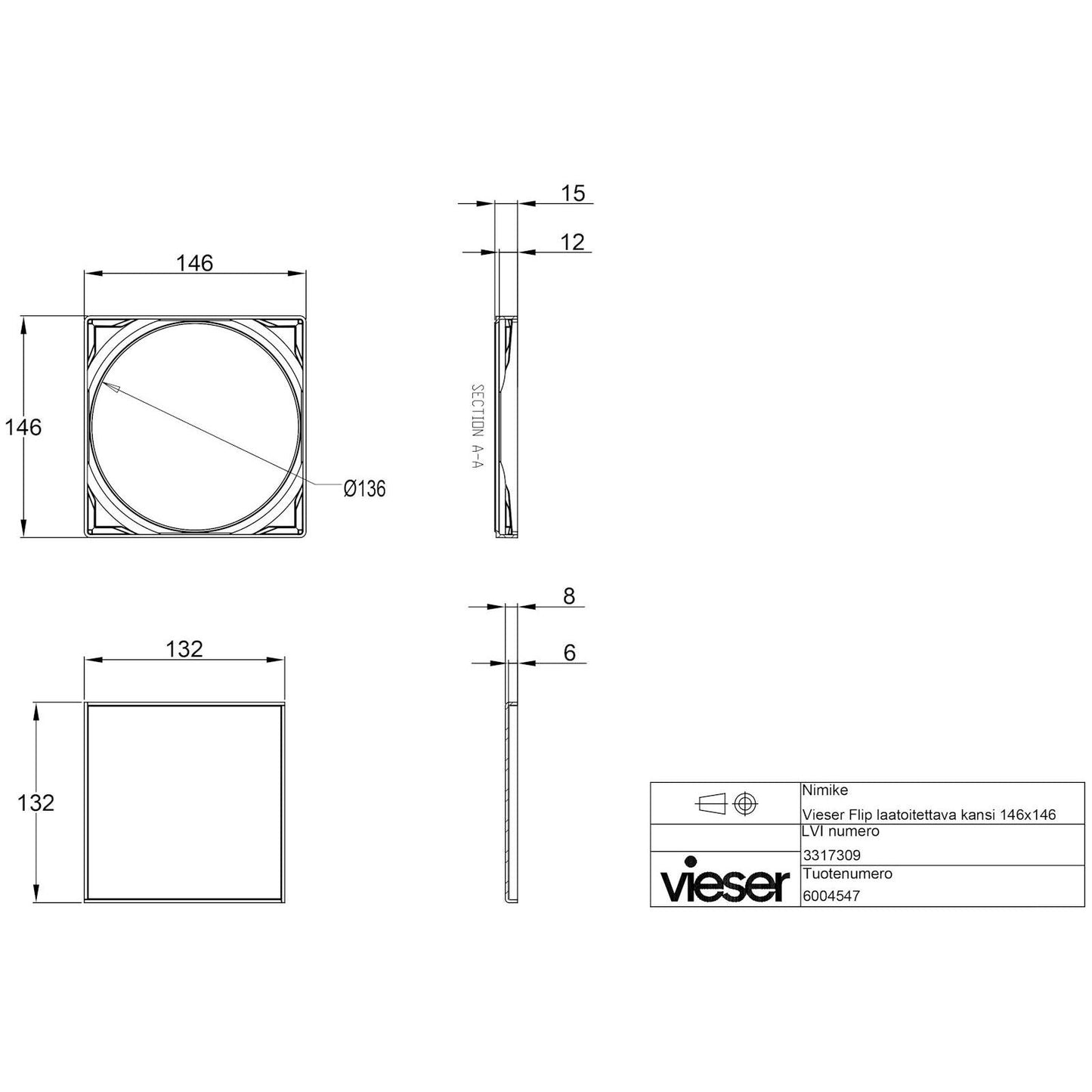NELIÖKANSI VIESER 146x146 LAATOITETT. KANSI FLIP