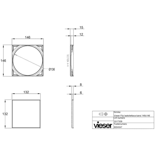 NELIÖKANSI VIESER 146x146 LAATOITETT. KANSI FLIP