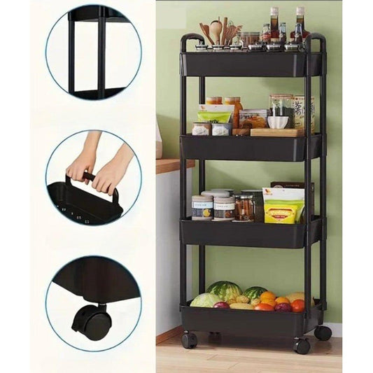 Liikuteltava hyllykkö neljällä tasolla (musta)