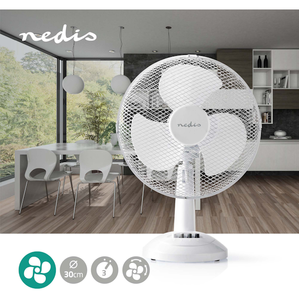PÖYTÄTUULETIN NEDIS 30CM 30W 3-VAIHTEINEN VALKOINEN
