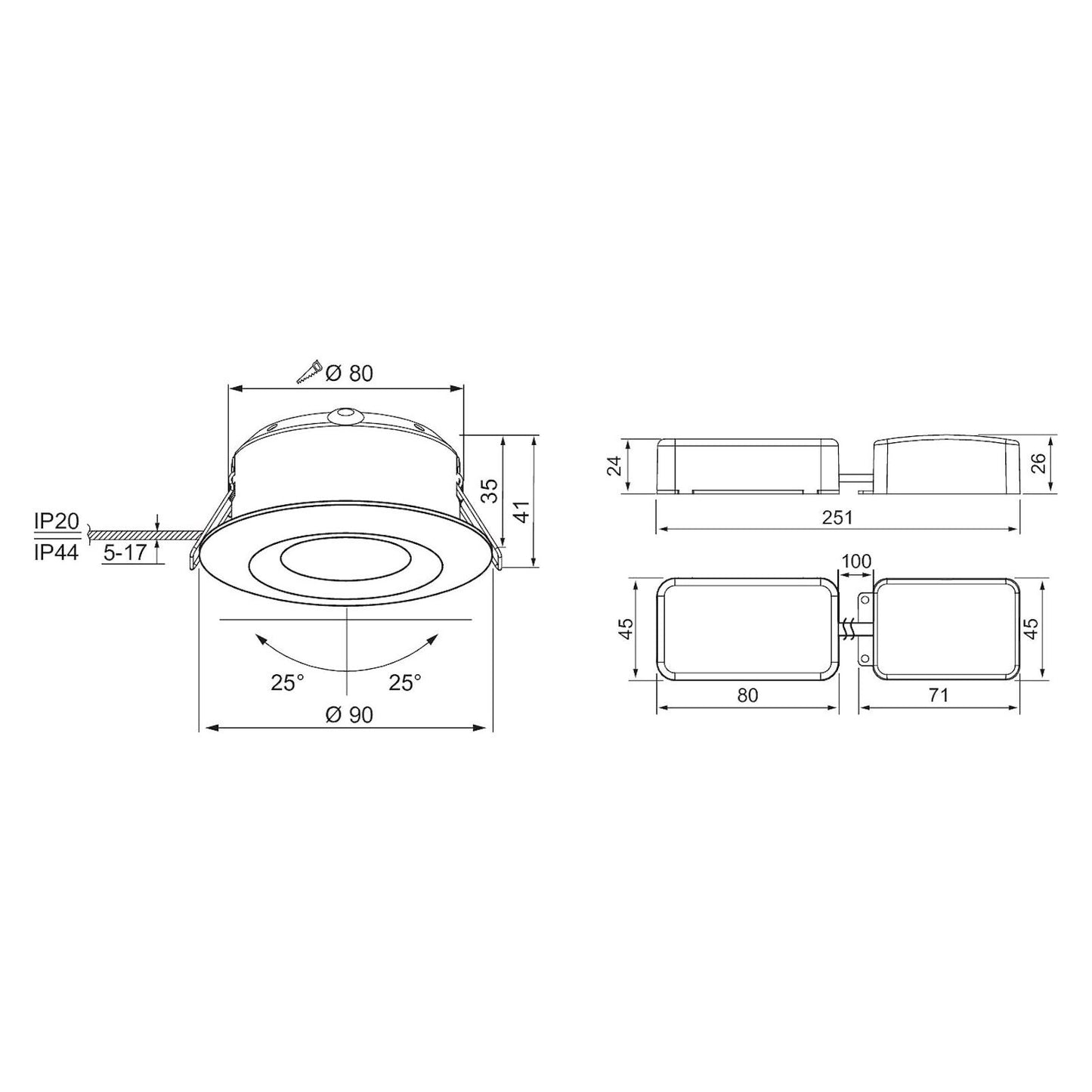 LED-alasvalo Airam Compact, Ø90x40mm, IP44, 7W/830, himmennettävä, suunnattava, valkoinen