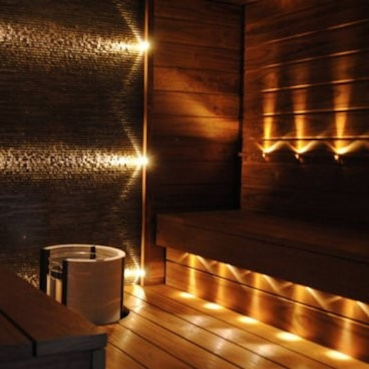 LED saunavalosarja PLATINUM 9-osainen, MESSINKI, 3000K, 180°C johdoilla (3x3m 3x4m 3x5m)