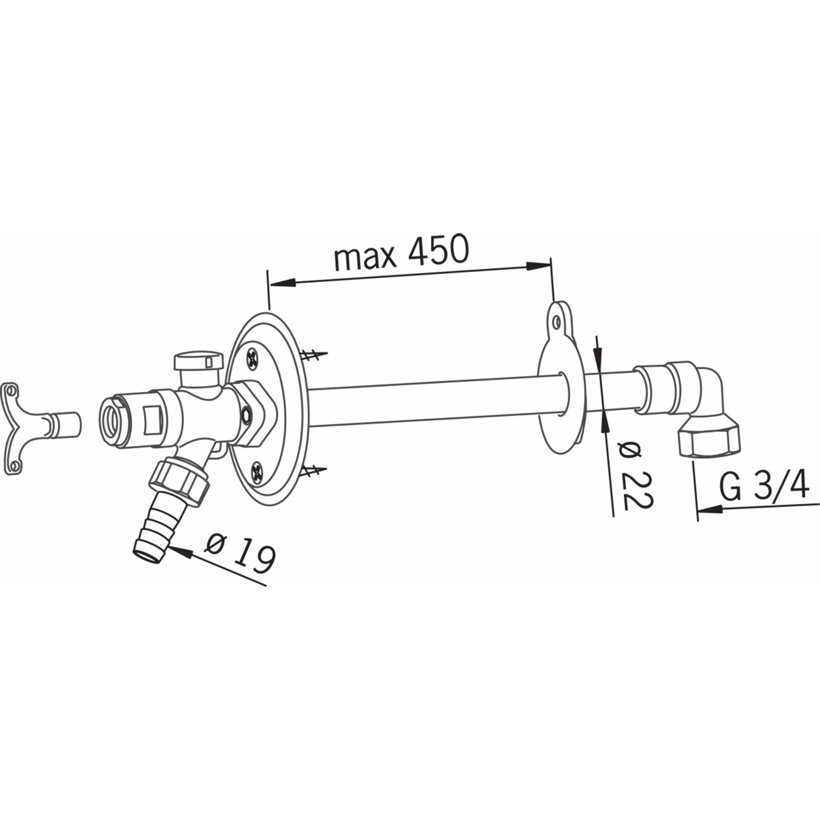 VESIPOSTIVENTTIILI ORAS 431420 DN20x3/4SK L=250-450mm