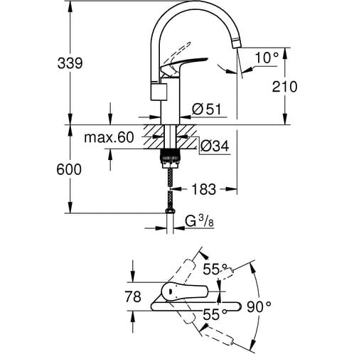 Keittiöhana Grohe Eurosmart korkea C juoksuputki 31789001