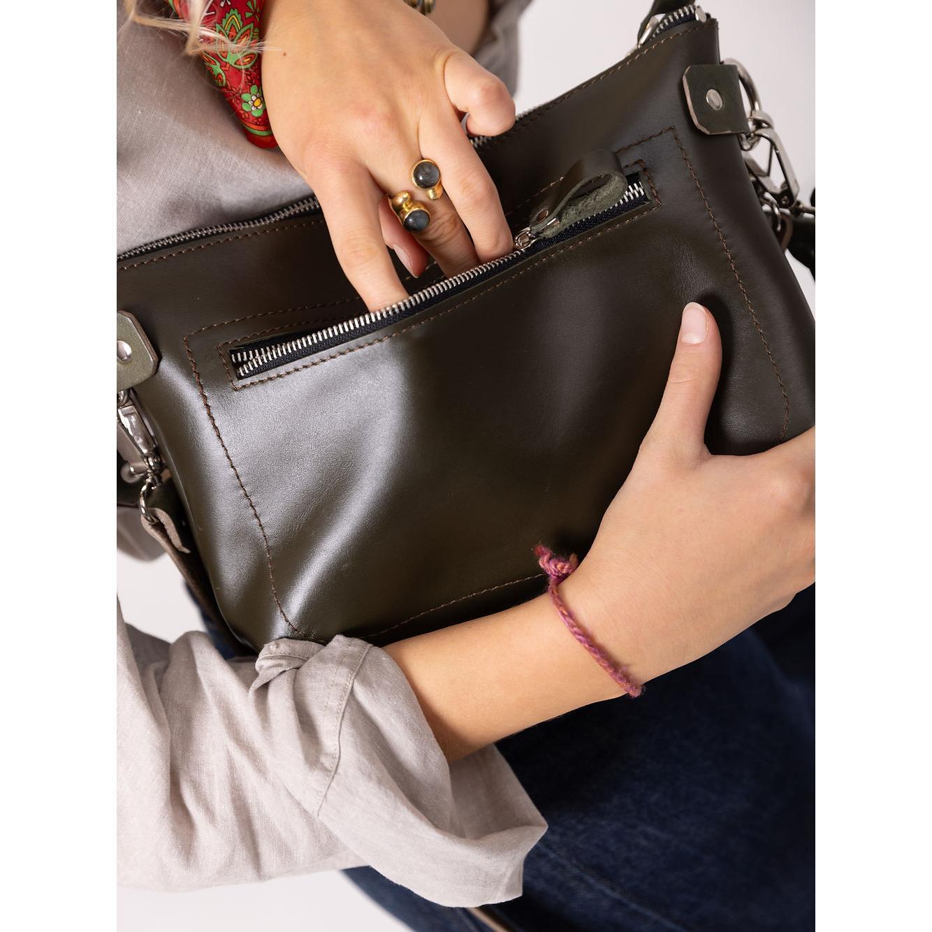 TOMMY Leather Bag with Two Handles - Dirty Green