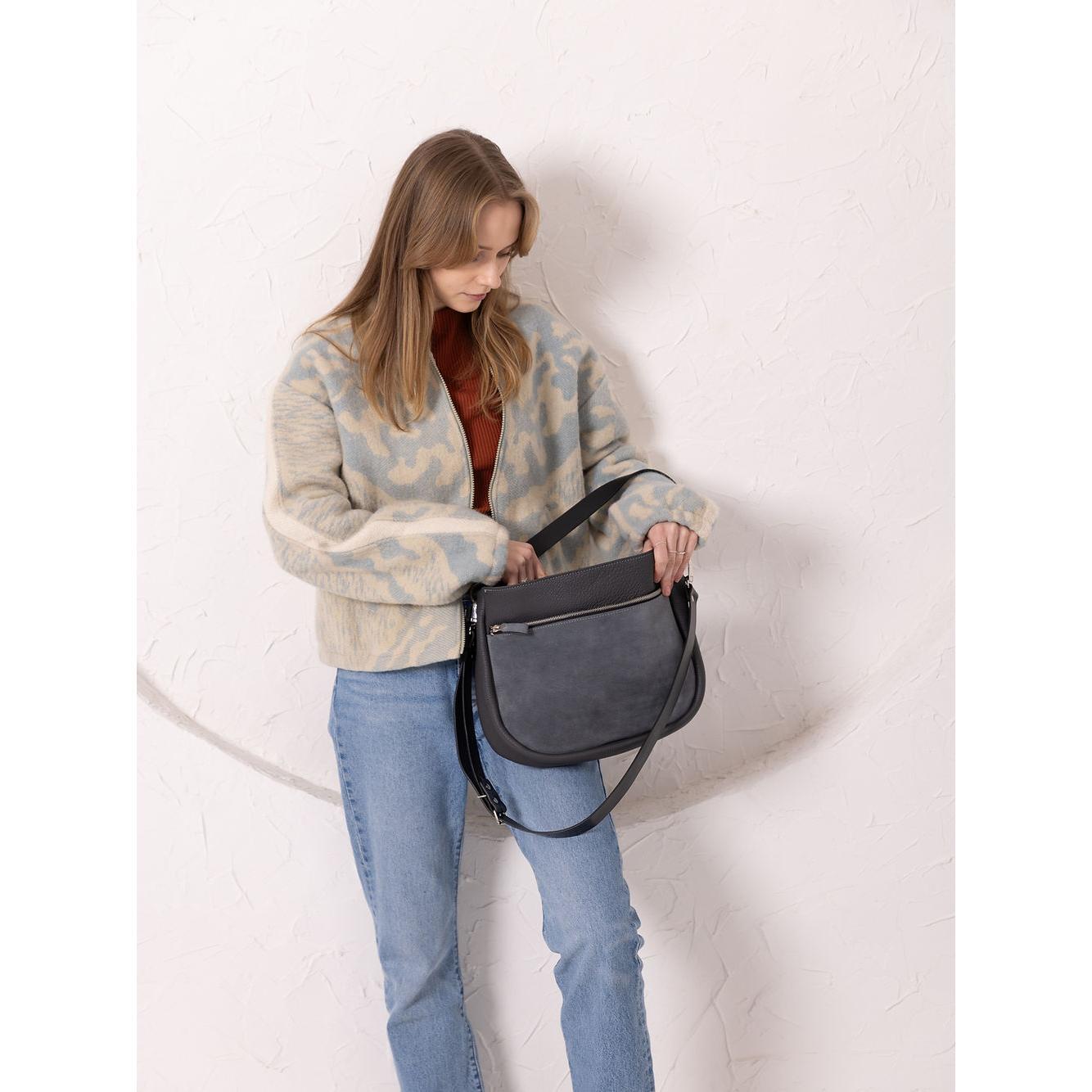 STELLA Leather Handbag - Grey & Suede