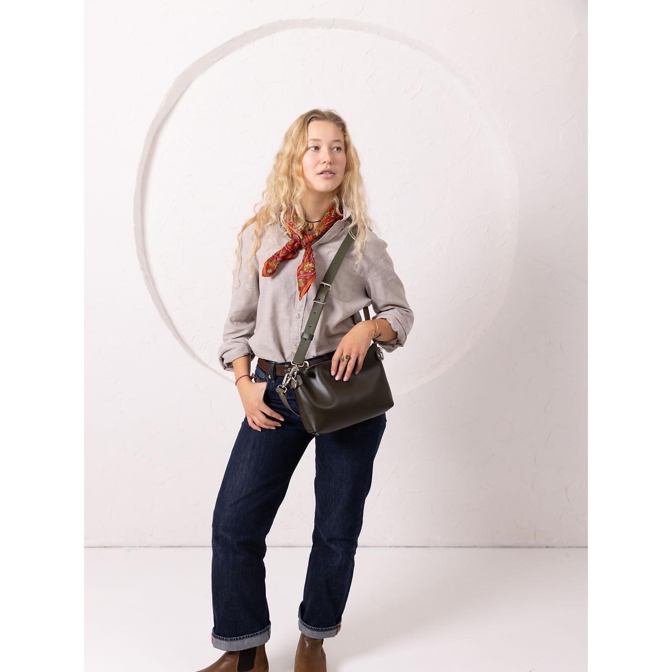 TOMMY Leather Bag with Two Handles - Dirty Green