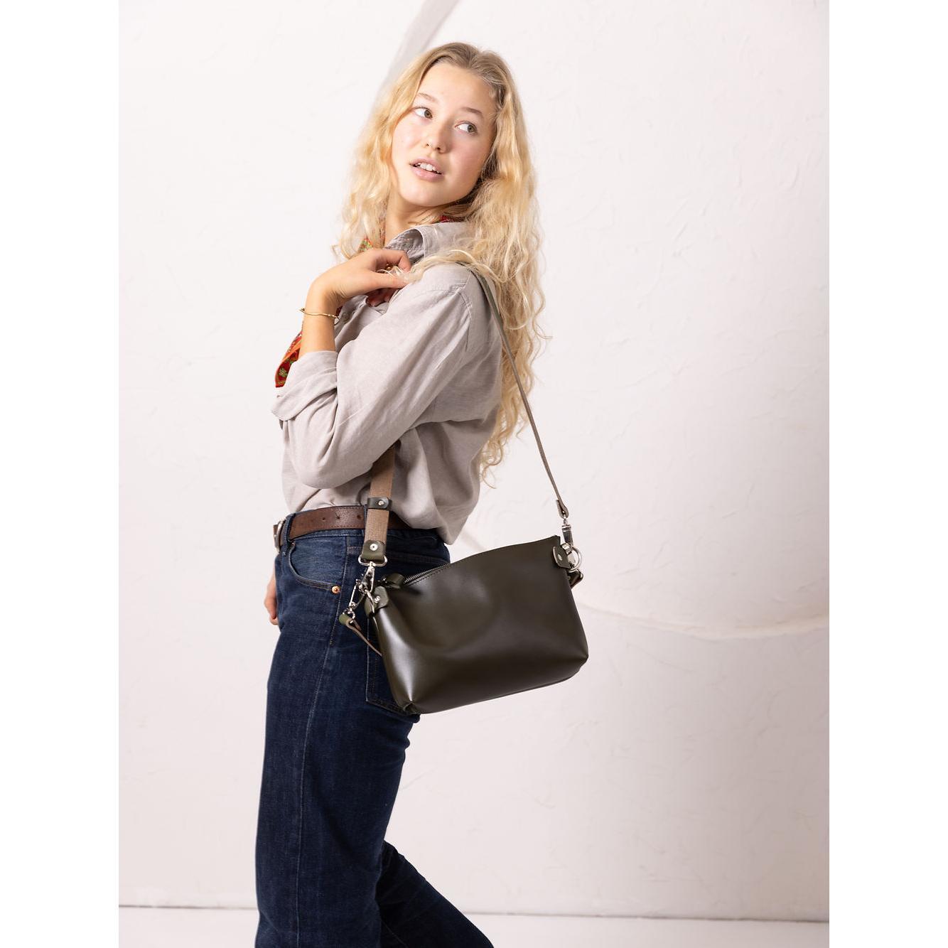 TOMMY Leather Bag with Two Handles - Dirty Green