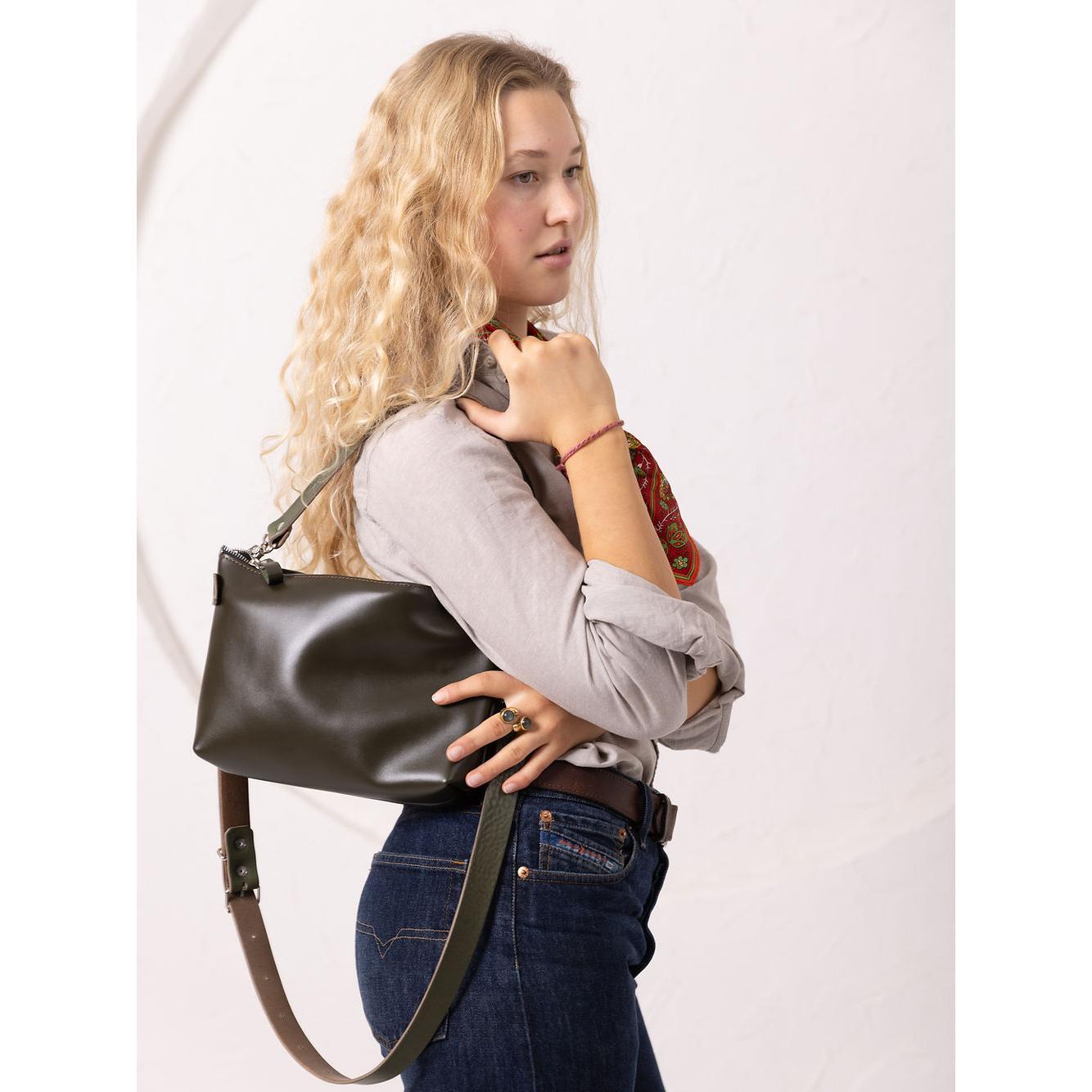 TOMMY Leather Bag with Two Handles - Dirty Green