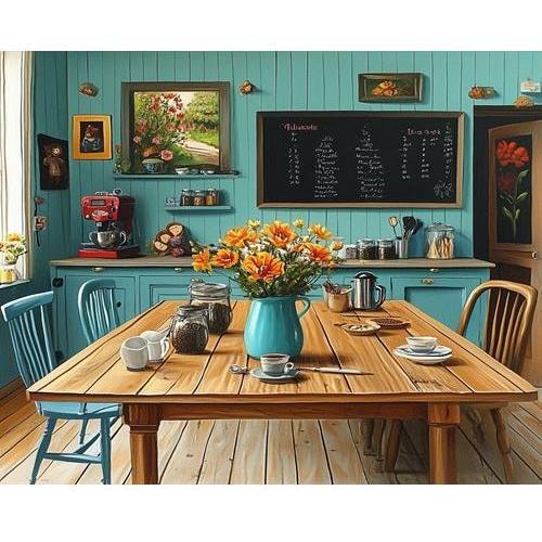 Turkoosi keittiö (10*15cm) valkoisella kehyksellä