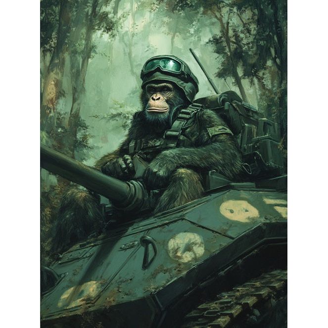 Apina ajaa tankkia (13*18cm) valkoisella kehyksellä