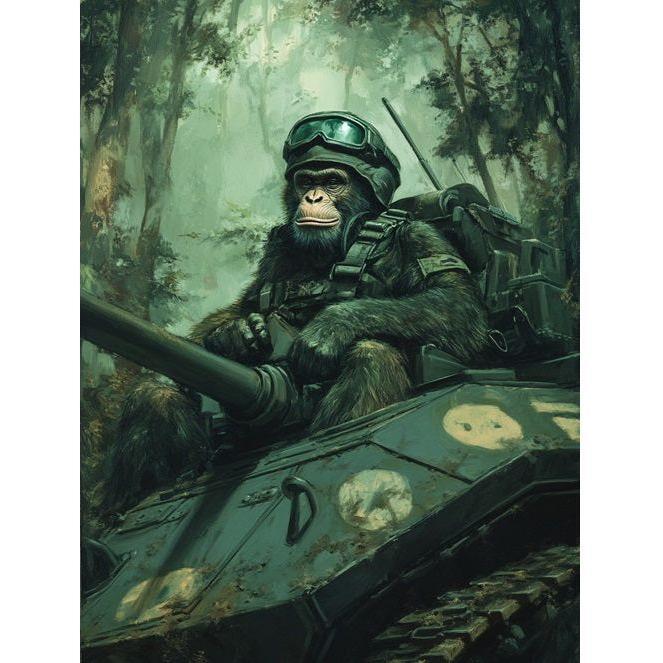 Apina ajaa tankkia (13*18cm) valkoisella kehyksellä