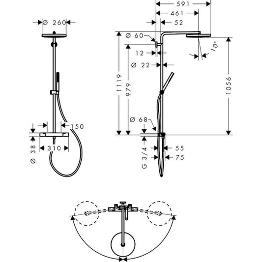 Sadesuihkusetti Hansgrohe Pulsify S Puro 260, termostaattihanalla, ⌀260mm hierova suihku, kiiltävä kromi