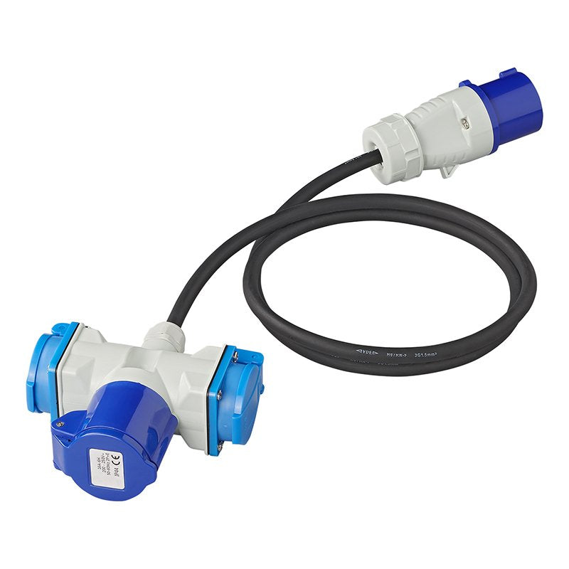 Adapterikaapeli 150cm 3x2,5mm² CEE-pistorasiasta 2xSchuko + 1xCEE-pistokkeeseen - Kotikauppa