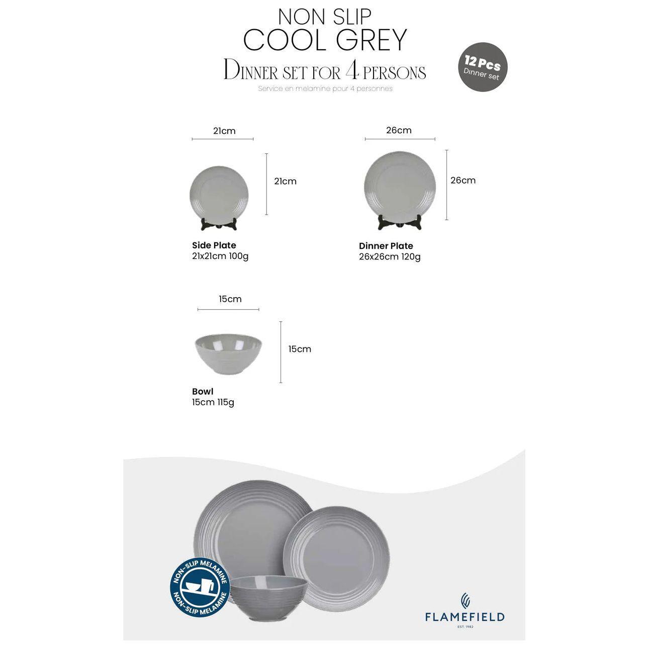 Flamefield melamiiniastiasto Non Slip harmaa, 12 osaa - Kotikauppa