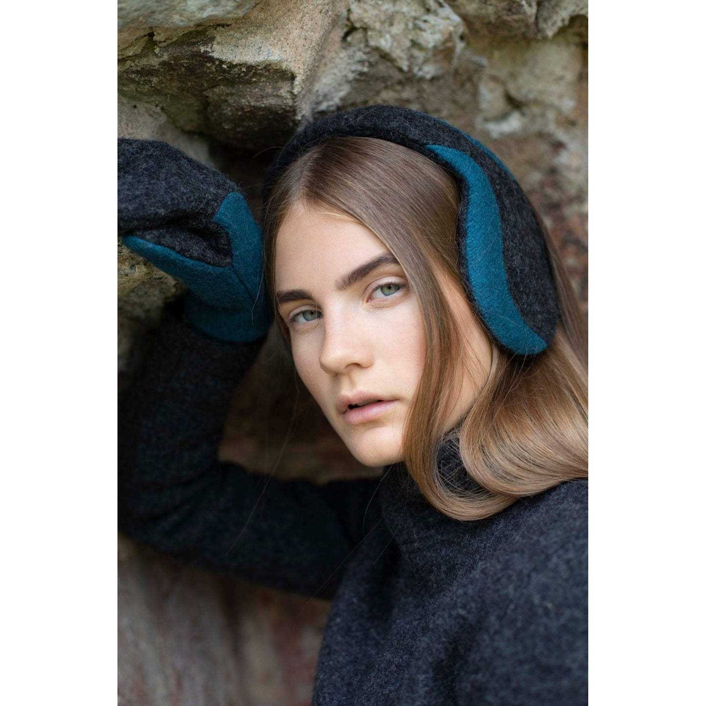 Felted Wool Earmuffs - Dark Grey, Aquamarine