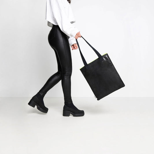Handmade Leather Tote - Black With Neon Zipper - Kotikauppa