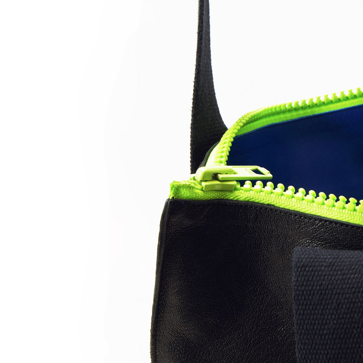 Handmade Leather Tote - Black With Neon Zipper - Kotikauppa