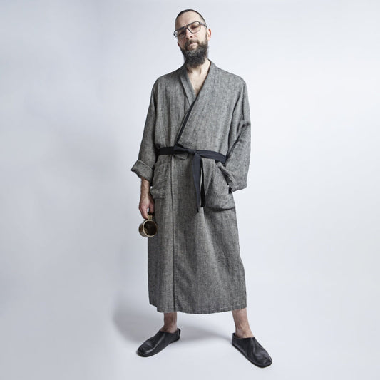 Linen bathrobe - Black Fishbone - Kotikauppa