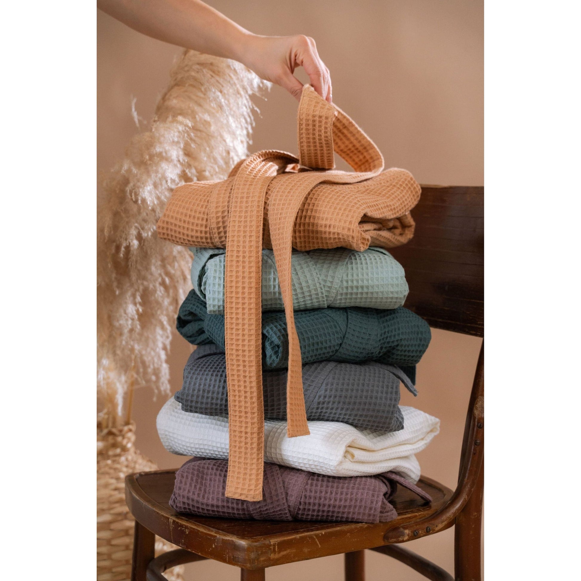 Short Waffle Fabric Robe for Women