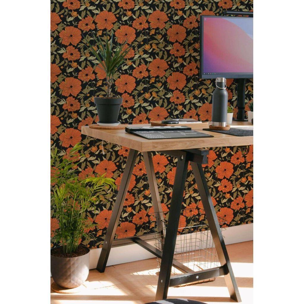 Red and black poppy floral (itseliimautuva) - Kotikauppa