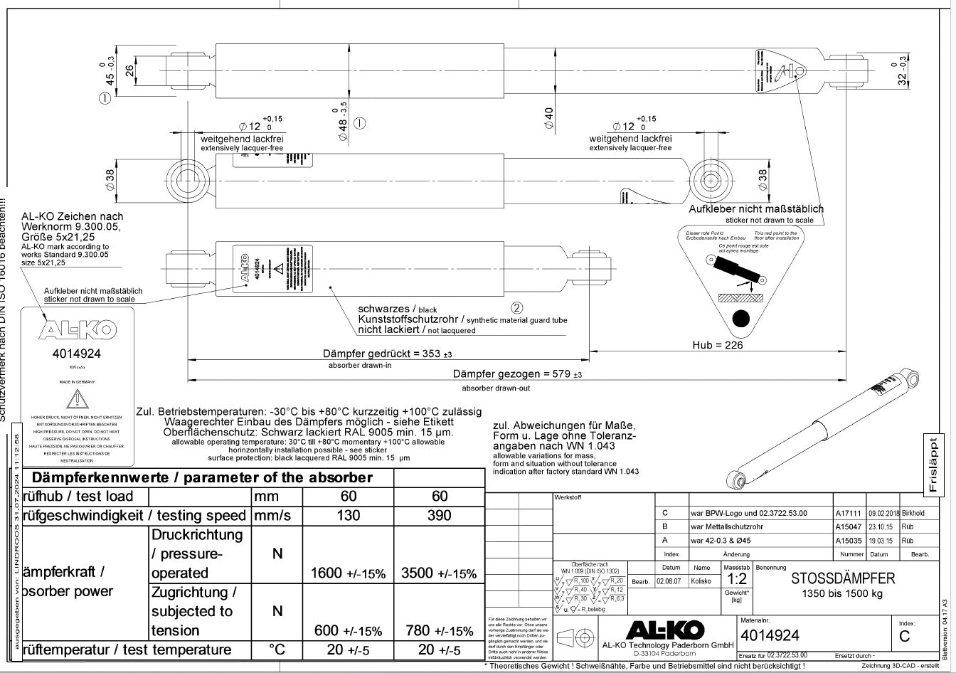 Akselin iskunvaimennin 350-580 reikä 12mm BPW Alkuperäinen