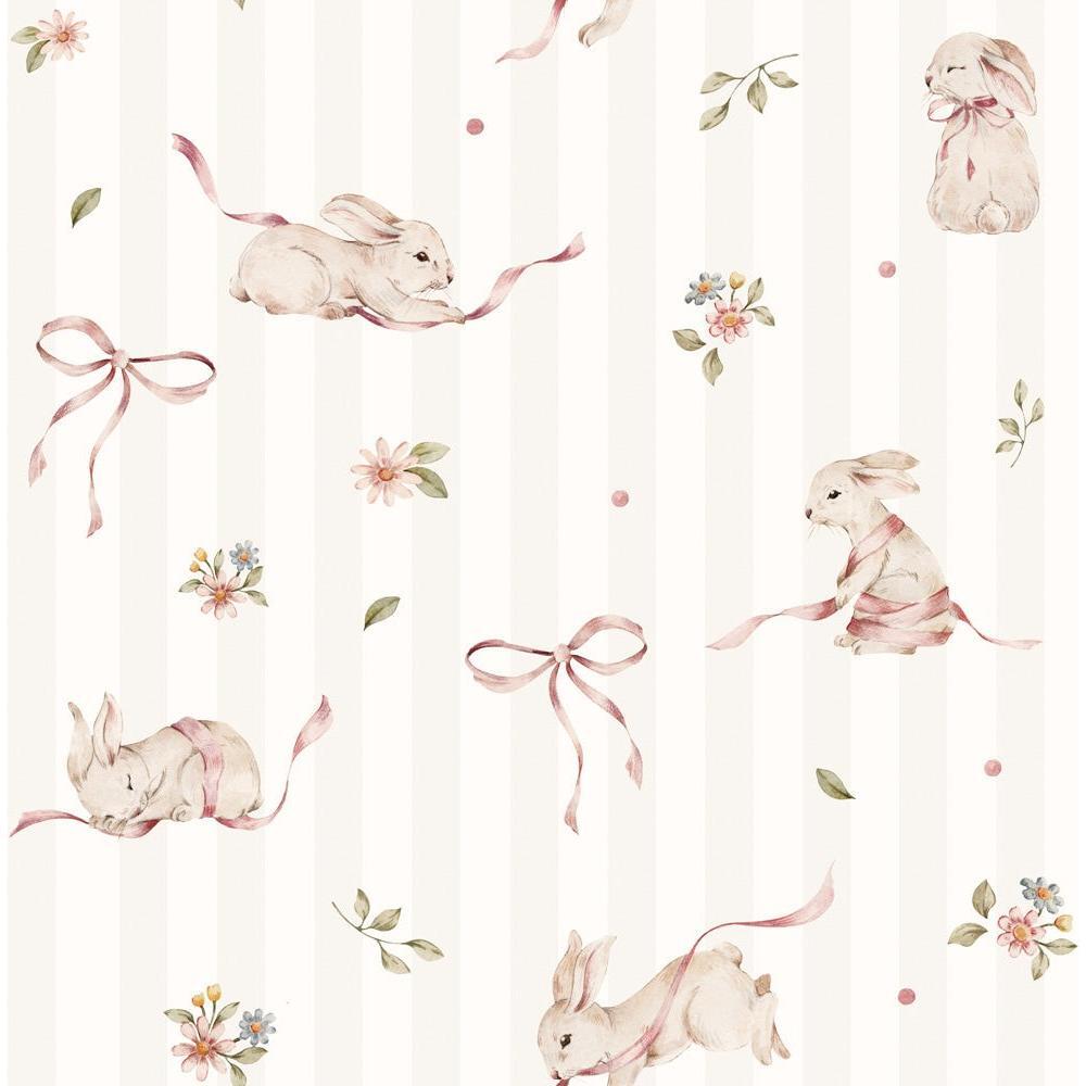 Pink Rabbits On Stripes Wallpaper