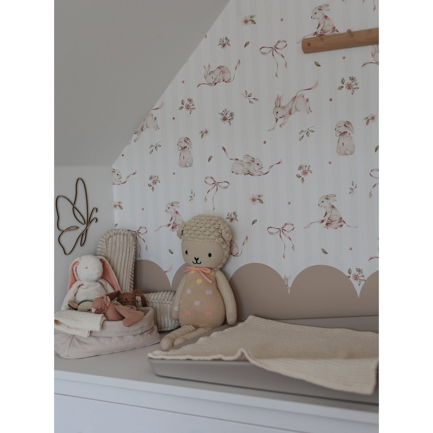 Pink Rabbits On Stripes Wallpaper