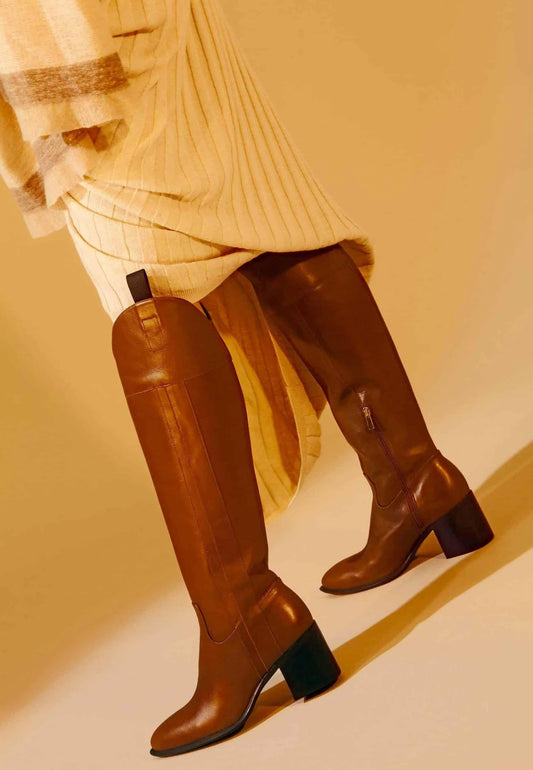Brown Calf Leather Knee-High Boots – Women’s Block Heel Riding Boots