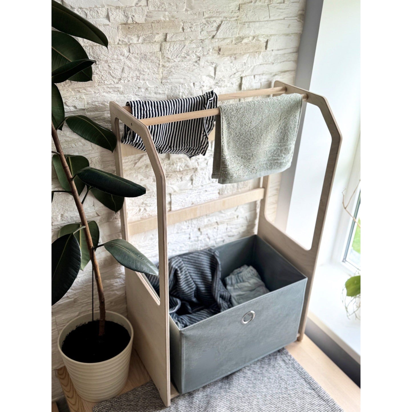 Montessori Wooden Clothes Drying Rack with Storage for Kids