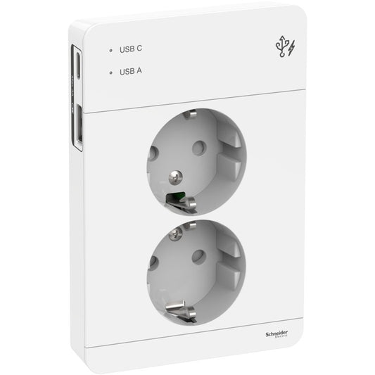Pistorasia Schneider Electric Exxact 2-osainen peitelevyllä + 2x USB lataus A+C 3A valkoinen-3606489859992