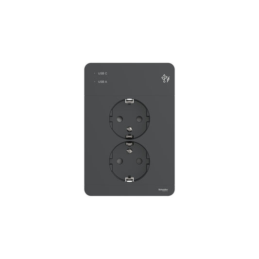 Pistorasia Schneider Electric Exxact 2-osainen peitelevyllä + 2x USB lataus A+C 3A antrasiitti-3606489860028