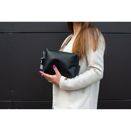 Leather Cosmetic Bag, Black - Medium