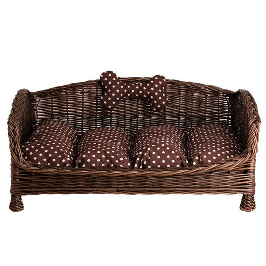 Dark Wicker Pet Bed Alfie With Cushion and Decorative Bone, 74×52 cm