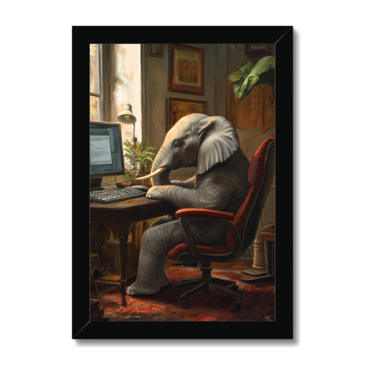 Elefantti työskentelee (13*18cm) mustalla kehyksellä