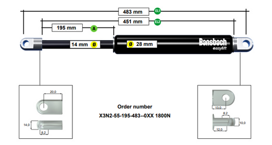 Kaasujousi 1800N Newton alkuperäinen 451/195 14/28 UmeSläpet