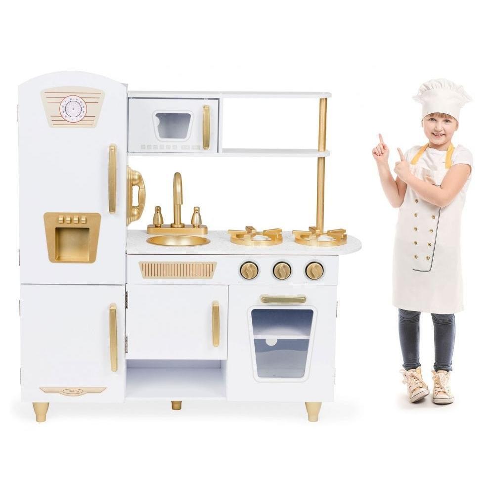 Large White and Gold Wooden Play Kitchen for Children
