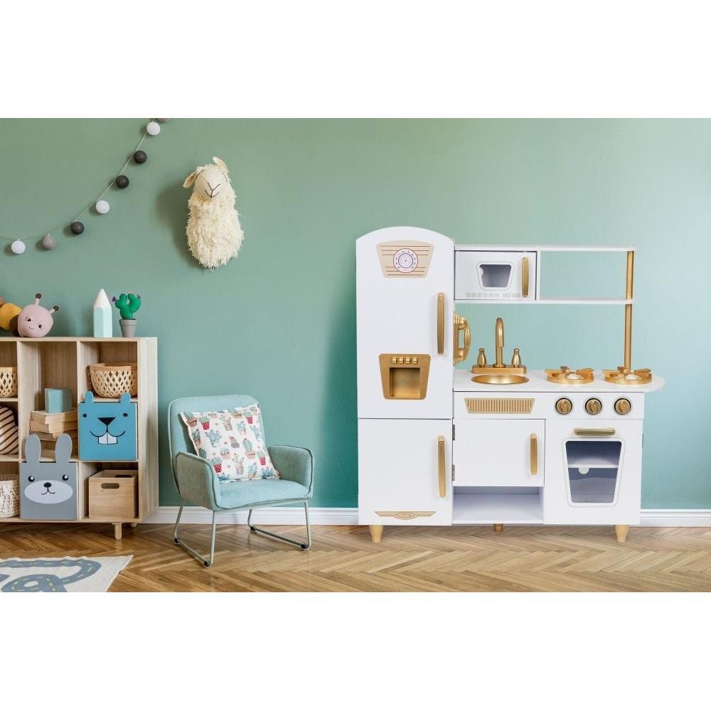 Large White and Gold Wooden Play Kitchen for Children