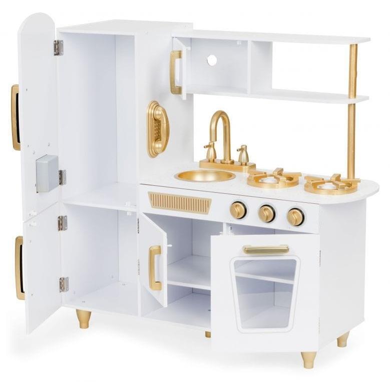 Large White and Gold Wooden Play Kitchen for Children
