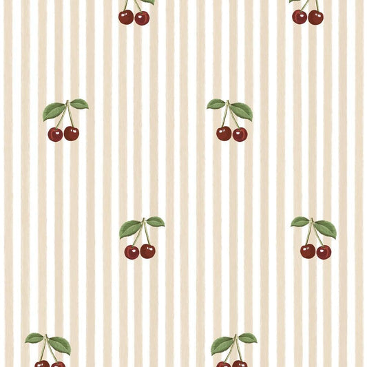 Little Cherries on Beige Stripes Wallpaper
