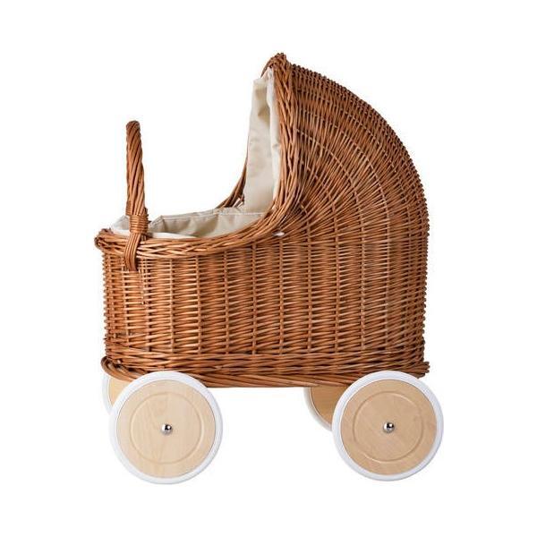 Natural Wicker Doll Pram – Beige Bedding