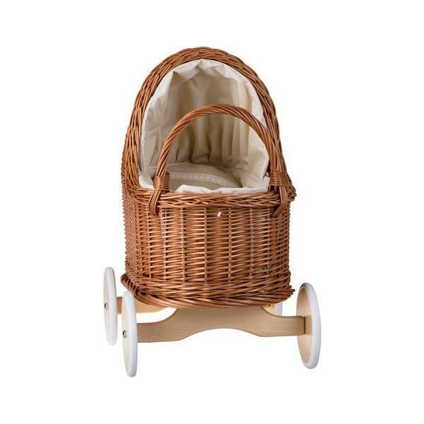Natural Wicker Doll Pram – Beige Bedding