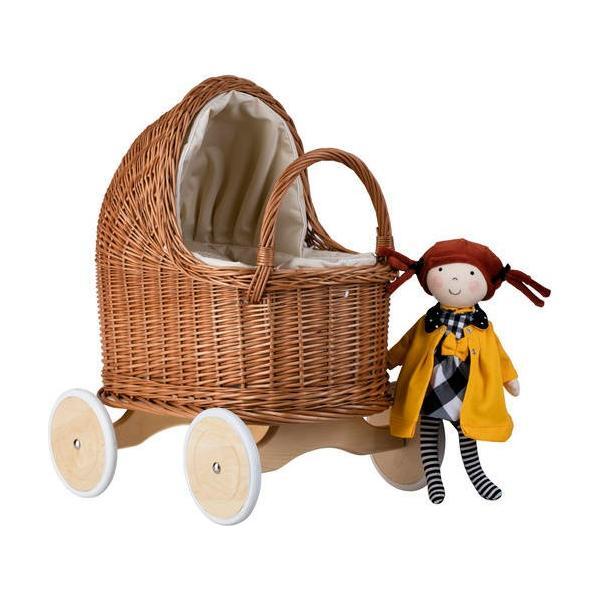 Natural Wicker Doll Pram – Beige Bedding