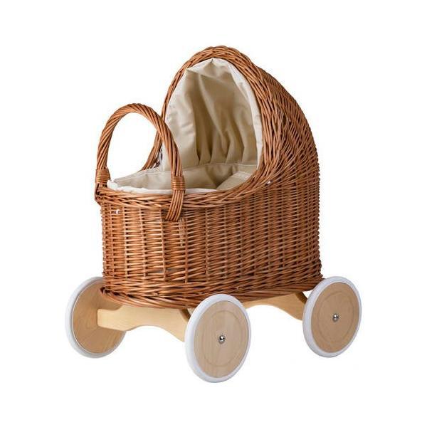 Natural Wicker Doll Pram – Beige Bedding