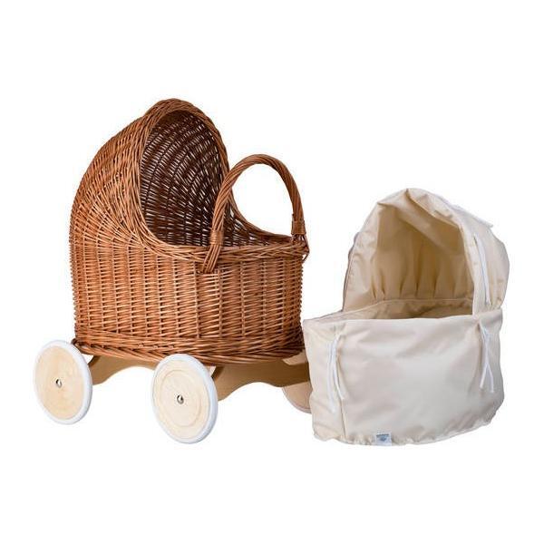 Natural Wicker Doll Pram – Beige Bedding