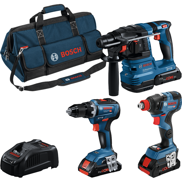 Akkukonesarja Bosch Professional 3 osaa GSR/GDX/GBH 18V 3x4,0 Ah ProCore-akuilla